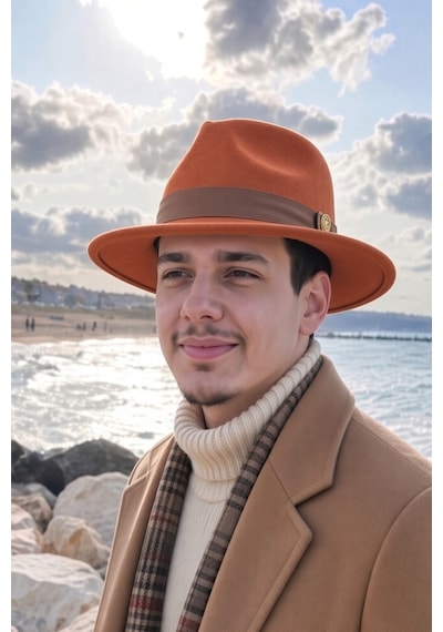 Mollycrush Erkek Mevsimlik Vintage Kiremit Turuncu Fötr Şapka Kemerli Şık Keçe Fedora Tasarımı Kiremit