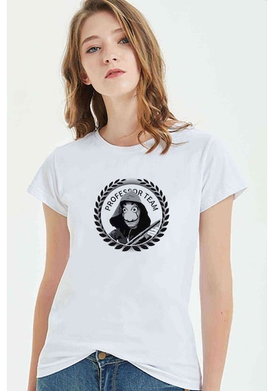 La Case De Papel Profesor Team Baskılı Beyaz Kadın Tshirt