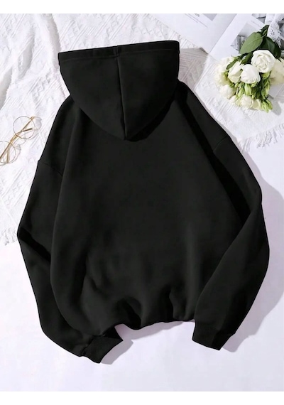 Medinenur Newyork Baskılı Cepli Kapüşonlu Sweatshirt Siyah