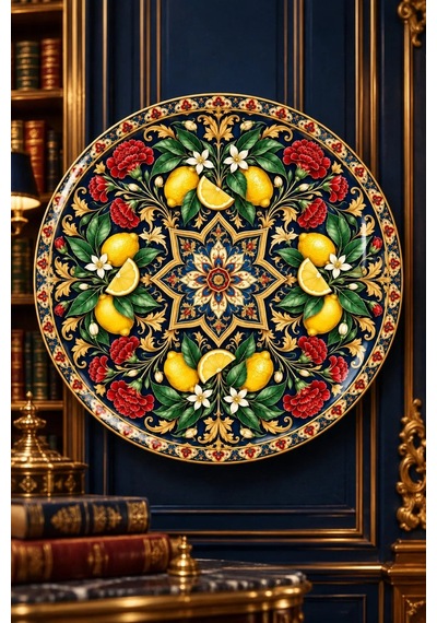 Dekoratif Duvar Tabağı Limonlu Saray Bahçesi Dekorlu Seramik Tabak Siyah