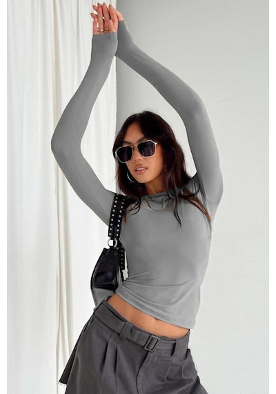 Madmext Boyalı Gri Bisiklet Yaka Basic Uzun Kollu Body Mg1701-boyalı Gri