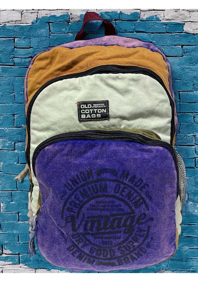 Old Cotton Cargo Kaliteli Vintage Disayn Sırt Gezi Çantası New Patchwork 5017 Kahverengi - Mavi