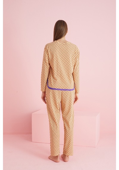 Siyah İnci Biyeli Örme Pijama Takım 7776 Turuncu Mor Yarım Ay