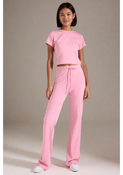 Benerly Kadın Büyük Beden Crop Top Ispanyol Paça Takım Bisiklet Yaka Kısa Pembe