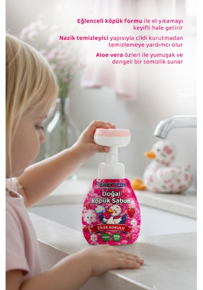 Baby Icon Doğal Çocuk Köpük El Sabunu 350 Ml Çilek Kokulu Lavanta Aynısefa Vegan Parabensiz Çiçek Şekilli Pembe Köpük