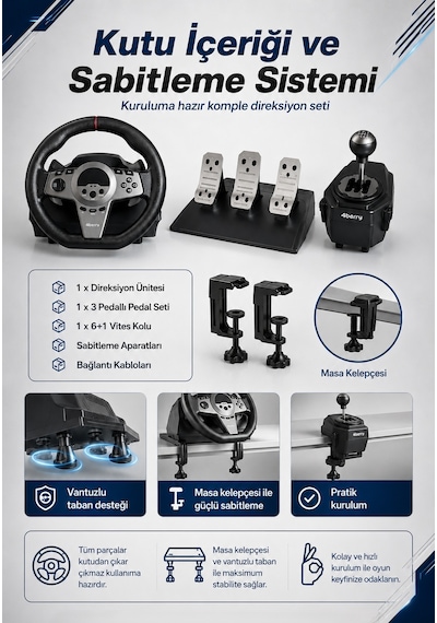 G990 270 Gaming Direksiyon Seti 6+1 Vitesli, 3 Pedallı, Titreşimli Yarış Simülasyonu