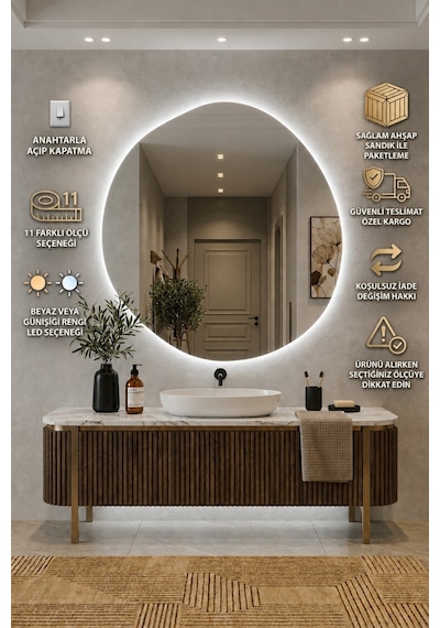 Arya Asimetrik Ledli Ayna Modern Banyo Aynası Şık Tasarım Konsol Aynası Dekoratif Duvar Aynası Beyaz Günışığı Led 60 X 60