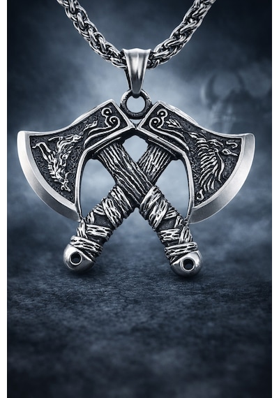 Nordic Mitoloji Viking Çift Balta Kolye Paslanmaz Çelik Erkek Kolye Gümüş