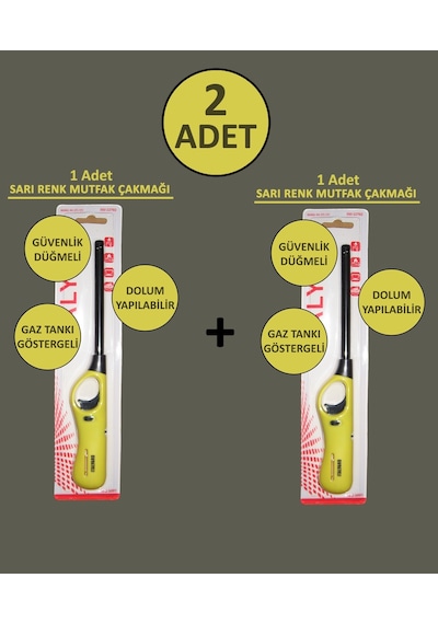 2 Adet Sarı Doldurulabilir Mutfak Çakmağı Ocak Kamp İçin Uzun Mangal Çakmak