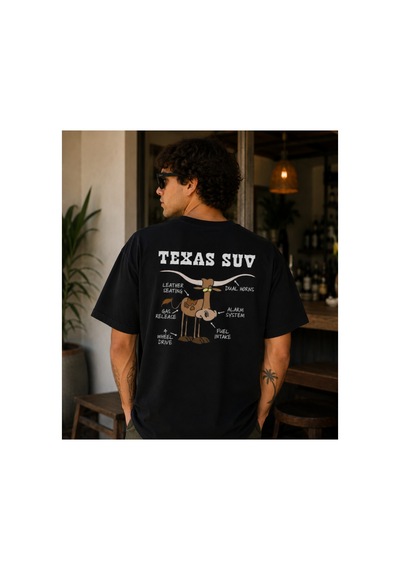 Qmen Style Unisex Siyah Oversize Baskılı T-shirt Texas Suv %100 Pamuk Beyaz