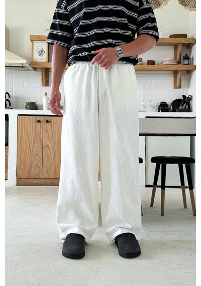 Flaw Bel Lastikli Keten Baggy Pantolon Beyaz Beyaz