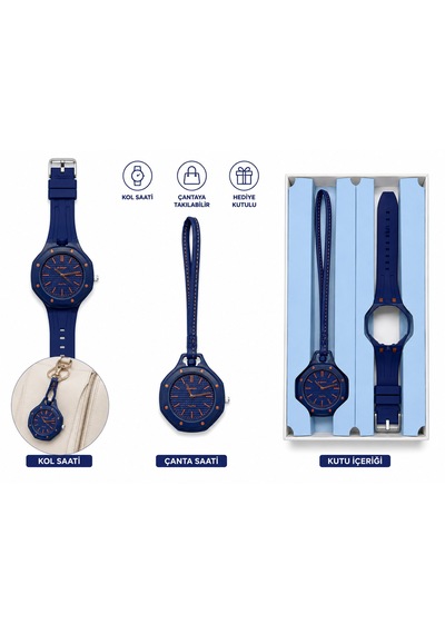 Duostyle 2'si 1 Arada Analog Kol Saati Ve Çanta Saati Silikon Kordonlu Unisex Lacivert