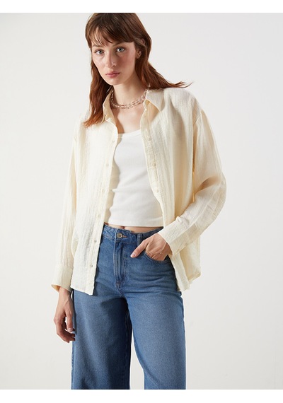 Lcw Vision Bej Dokulu Oversize Kadın Gömlek