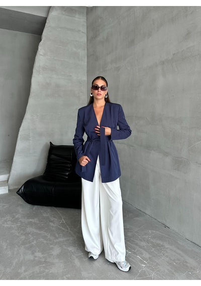Lacivert Elegant Kuşaklı Ceket Lacivert