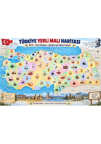 Türkiye Yerli Malı Haritası 81 İl Yöresel Ürünler Eğitim Posteri 90x60 Cm Karton Tüm Yaşlar