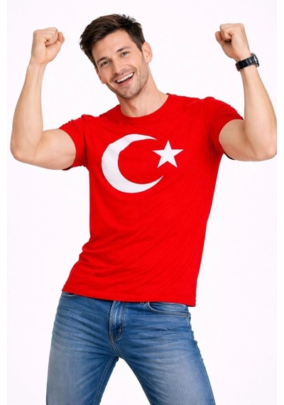 Erkek T-shirt Kısa Kol Bisiklet Yaka Ay Yıldız Bayrak Baskılı Tişört - Kırmızı