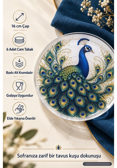 6'lı Cam Tatlı Tabağı - Tavus Kuşu Desenli 16 Cm - 6 Adet Pasta Tabak Mavi