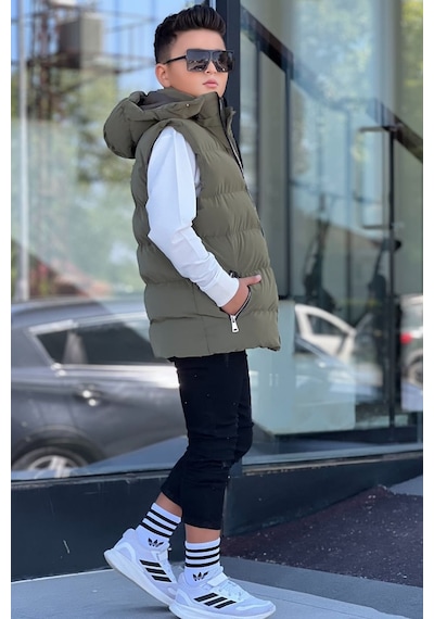 Pina Kids Erkek Çocuk Çıtçıt Kapüşonlu Nova Kumaş Şişme Yelek Ylk3026 Haki