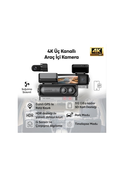 Alpha 1 4k Araç İçi Kamera 3 Kanallı Sony Imx678 Gps + Wi-fi + Park Modu Ön-iç-arka