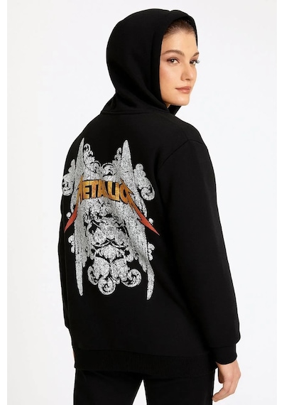 Metallica İki İplik Kapüşonlu Ön Ve Arka Baskılı Hoodie - Siyah Siyah