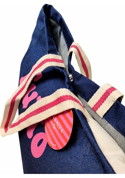 Faralya Life Mavi Kot Denim Çanta Baskılı Pamuk Bez Çanta 52x42 Cm 60 Cm Sap Uzunluğu Açık Pembe