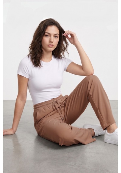Genius Store Kadın Pantolon Beli Lastikli Cepli Rahat Kalıp Kadın Spor Pantolon Vizon