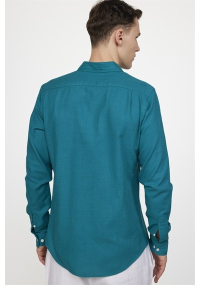 Tudors Slim Fit Uzun Kol Biyeli Yaka Düğmeli Keten Erkek Petrol Gömlek-27489-petrol Petrol