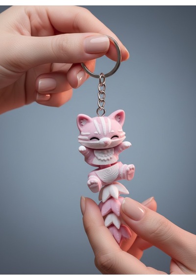 Kuyruklu Pembe Kedi Figürlü Hareketli Anahtarlık