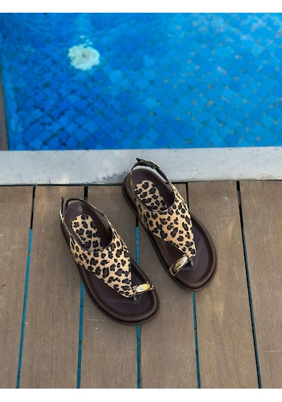 Erva'nın Butiği Leopar Süet Belly Gold Aksesuarlı Parmak Arası Sandalet-6193