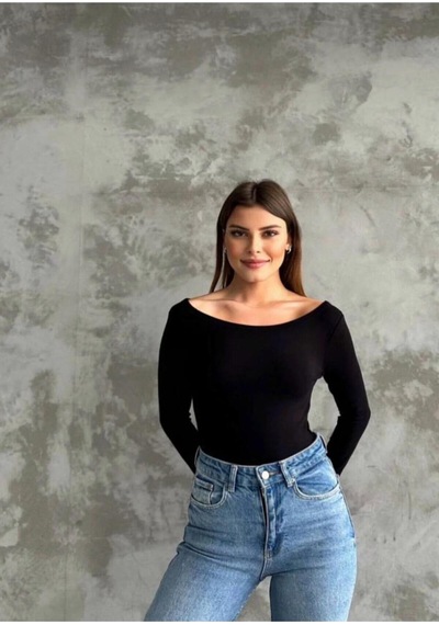Kadın Kayık Yaka Uzun Kollu Basic Bluz SIYAH