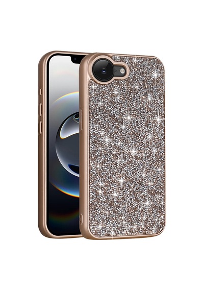 Apple iPhone Uyumlu 16e Kılıf Simli Pırlanta Taşlı Kamera Yükseltili Silikon Uzaklarda Arama Altın
