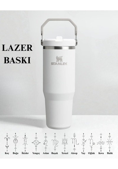 Kişiselleştirilebilir Stanley The Iceflow Flip Straw Pipetli Termos Bardak Stanley 0.89 L Özel İsimli Beyaz