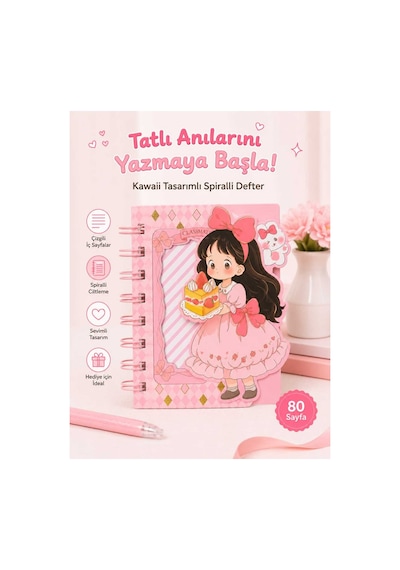 Sevimli Kız Figürlü Pembe Spiralli Mini Defter Çizgili Not Defteri Pembe Pembe