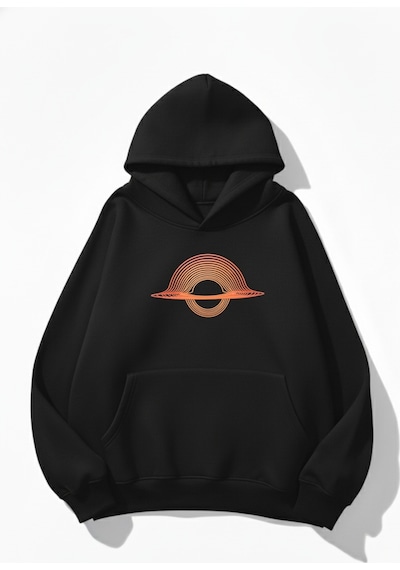 Uyguntarz Unisex Yumuşak Dokulu Çizgi Saturn Baskılı Tasarım Oversize 3 İplik Hoodie Sweatshirt siyah