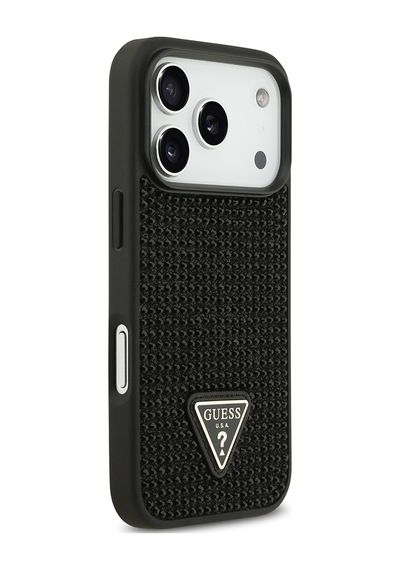 Apple Uyumlu iPhone 17 Pro Kılıf Guess Lisanslı Taşlı Arka Yüzey Üçgen Logolu Kapak Siyah