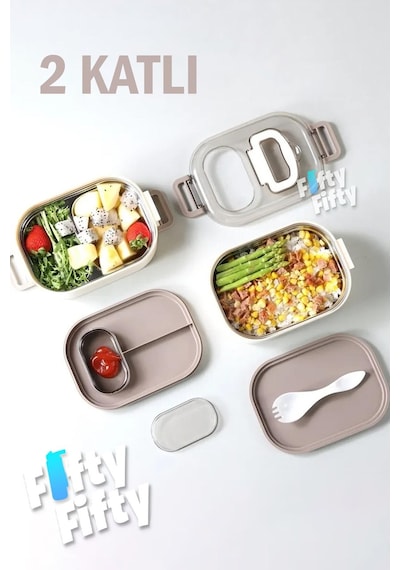 Vagonlife 1 L İki Kat Üç Bölme Paslanmaz Çelik Bento Lunch Box Sos Kaseli Mode