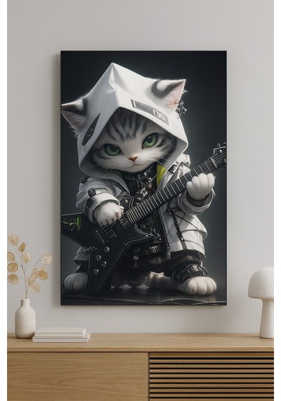 Rock Star Kedi Cam Tablo Gitar Çalan Sevimli Kahraman Rock Star Kedi Cam Tablo Gitar Çalan Sevimli Kahraman