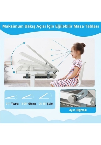 Ayarlanabilir Ergonomik Çocuk Aktivite Masası 3-10 Yaş- Gri