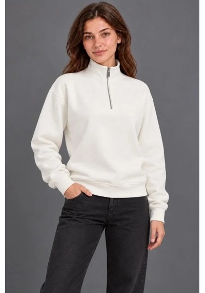 DefyModa Üç İplik İçi Şardonlu Dik Yaka Yarım Fermuarlı Kışlık Sweatshirt - Beyaz