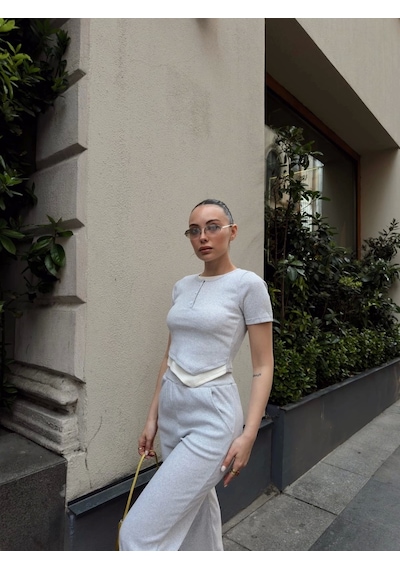 Byb Moda Tasarım Düğme Yakalı Gri Alt Üst Takım S3943 Gri