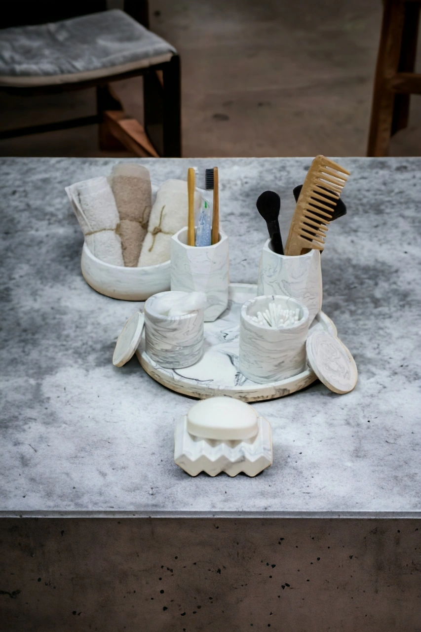 Marble Serisi Tepsili Beton Banyo Seti,pamukluk,havluluk Ve Sabunluk Set Bej