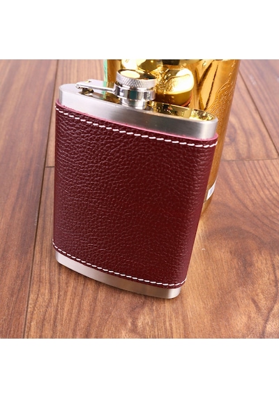 Perlotus 8 Oz 235 Cc Hunili Kızıl Kahverengi Hakiki Deri Kılıflı Çelik Viski İçki Matarası Kahverengi Açık