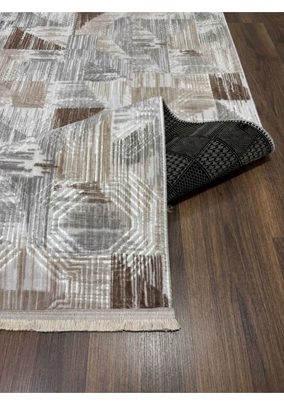 Gri Krem Kahve Kaymaz Taban Yıkanabilir Kesme Yolluk Halı Modern Desen