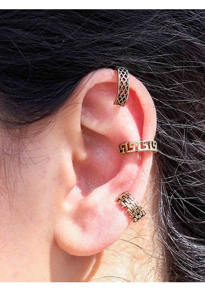 3'lü Antik Model Deliksiz Earcuff Kıkırdak Küpe Seti Eukk3 Sarı