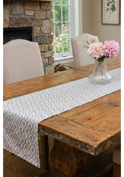 Melisa Damask Baskılı Duck Kumaş Krem Gri Runner 40x140 Cm 502 Krem