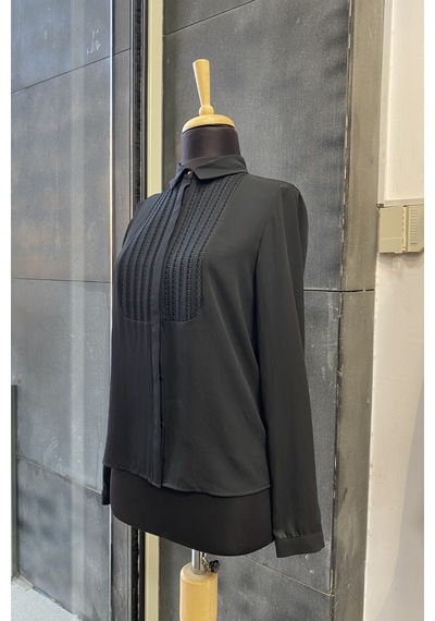 Pera Moda Önü Dantelli Küçük Ve Büyük Beden Şık Gömlek Siyah