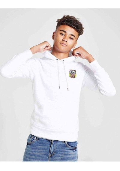 Tshirthane Baykuş Göğüs Baskılı Unisex Çocuk Kapüşonlu Beyaz Sweatshirt