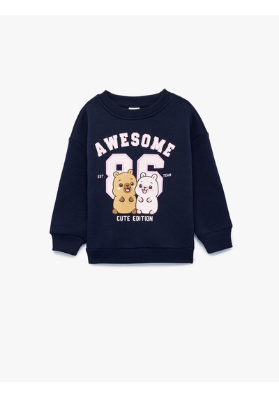 Koton Baskılı Uzun Kollu Bisiklet Yaka Şardonlu Sweatshirt Lacivert 7wmg10138ak