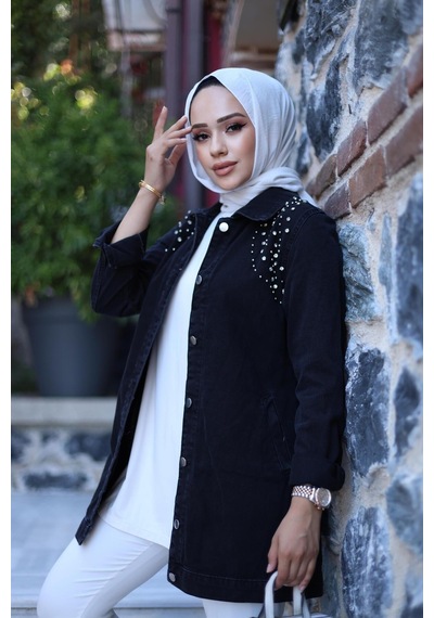 Harman Butik Kadın Kristal Taş Detaylı Denim Kot Ceket Siyah Siyah