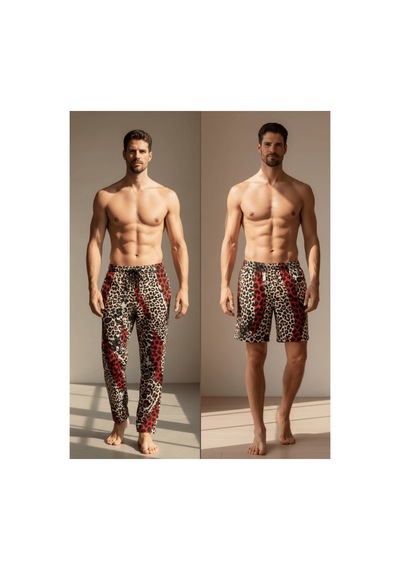Qmen Style Erkek Kimono Takımı Leopar Desen 3 Lü Viskon Set Bornoz + Pantolon + Şort Bordo
